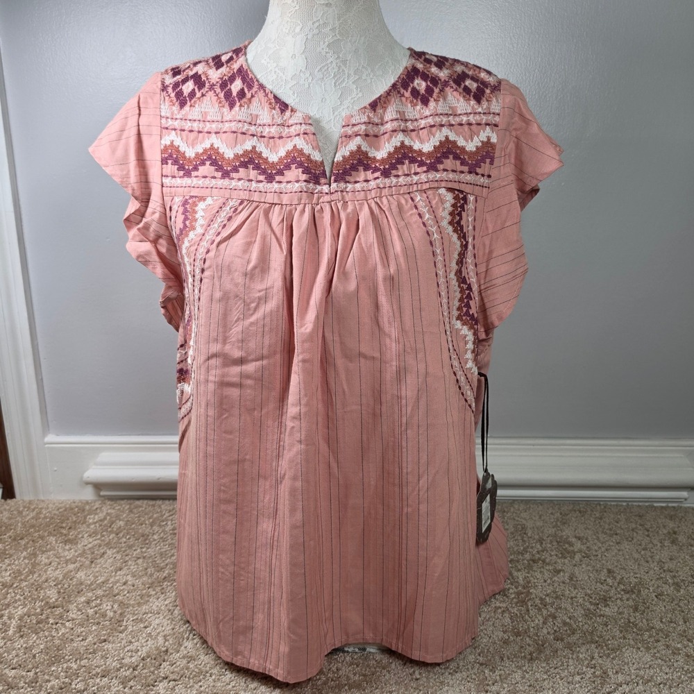 Knox Rose Top Embroidered Lace Back Pinstripe Boho Pink Blouse XS